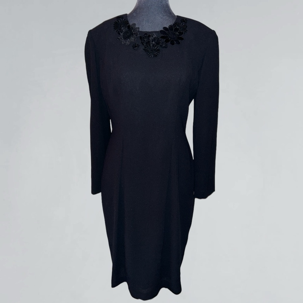 Vintage MS Chaus modest long sleeve cocktail dress floral Applique at neckline